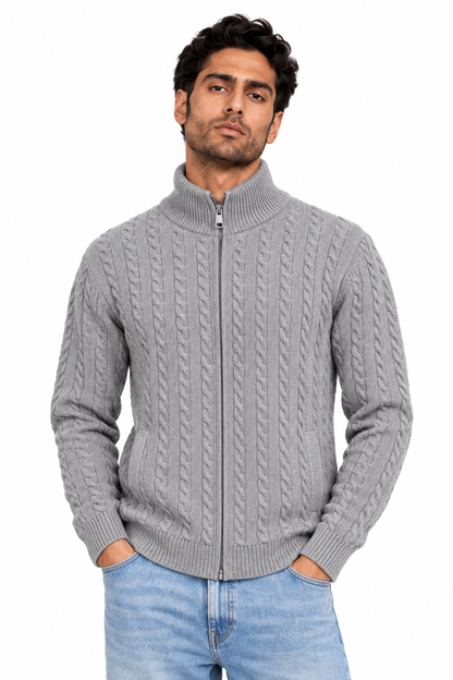 Man wearing Textured Full Zip Knit Jacket in Gray Melange - model photo