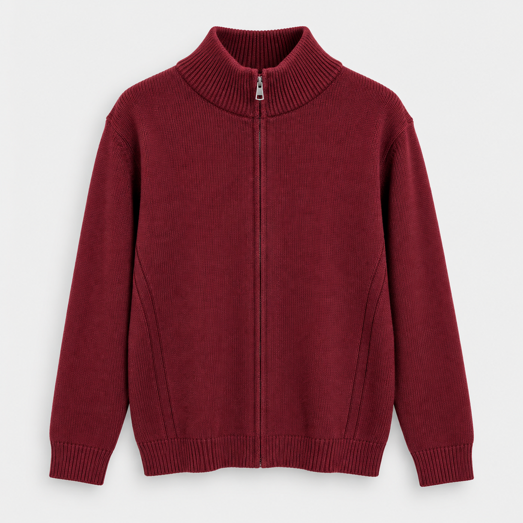 Men Plain Full Zip Knit Jacket in Dark Red - flat product view
