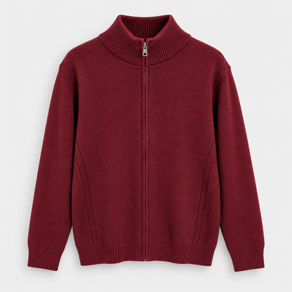 Men Plain Full Zip Knit Jacket in Dark Red - flat product view