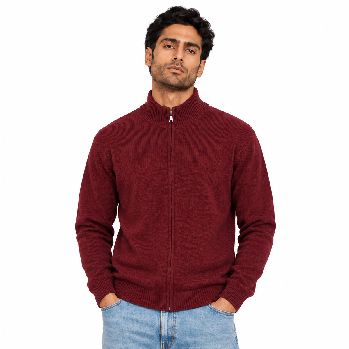 Man wearing Plain Full Zip Knit Jacket in Dark Red - model photo