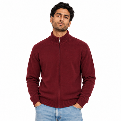 Man wearing Plain Full Zip Knit Jacket in Dark Red - model photo