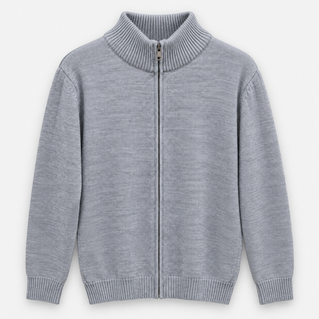 Men Plain Full Zip Knit Jacket in Gray Melange - flat product view
