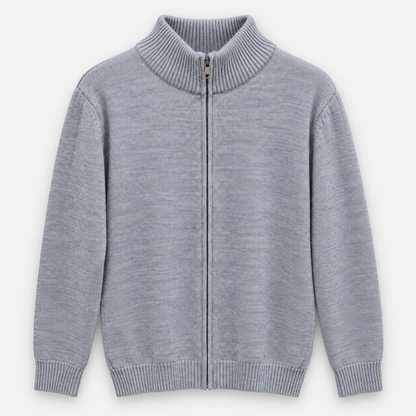 Men Plain Full Zip Knit Jacket in Gray Melange - flat product view
