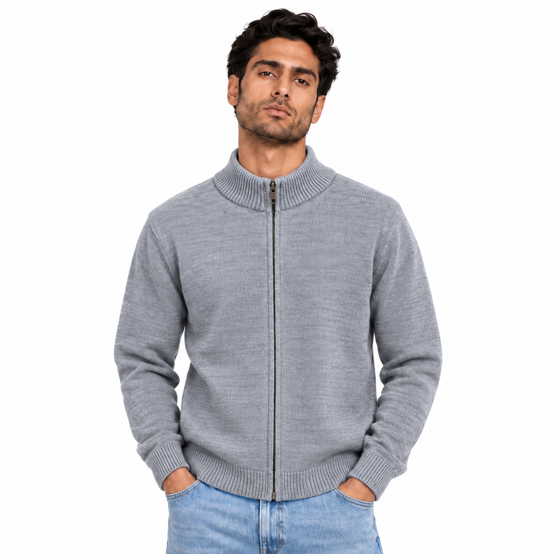 Man wearing Plain Full Zip Knit Jacket in Gray Melange - model photo