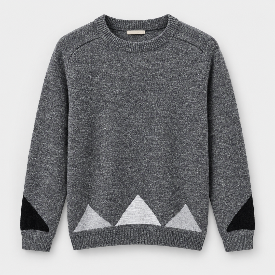 Men Jacquard Crew Neck Knit Pullover in Dark Gray Melange - flat product view