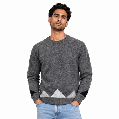 Man wearing Jacquard Crew Neck Knit Pullover in Dark Gray Melange - model photo