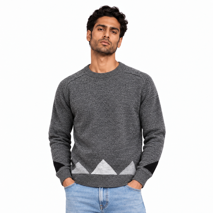 Man wearing Jacquard Crew Neck Knit Pullover in Dark Gray Melange - model photo