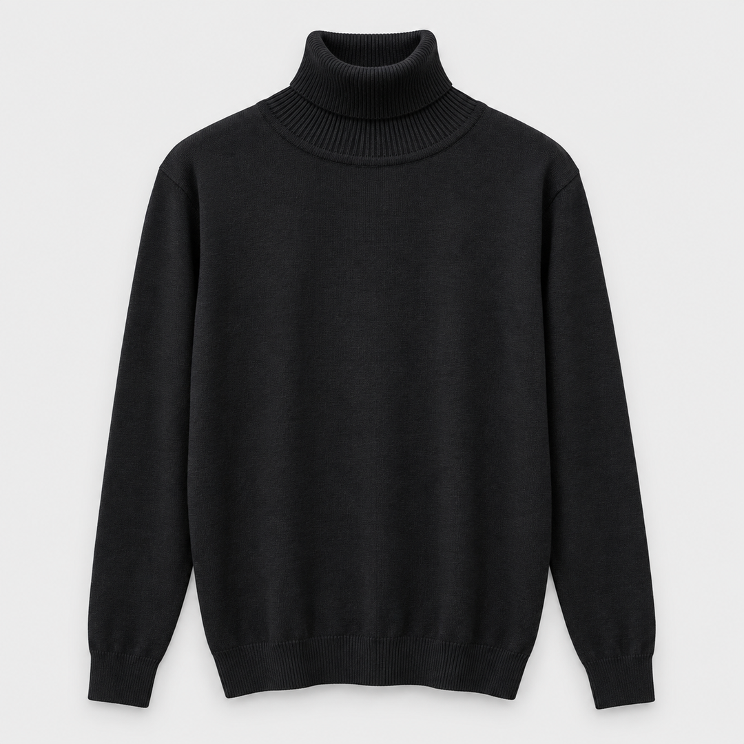 Men High Neck Knit Pullover in Black - flat product view