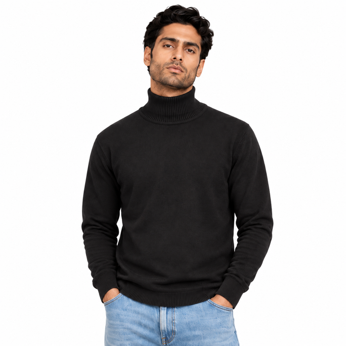 Man wearing High Neck Knit Pullover in Black - model photo