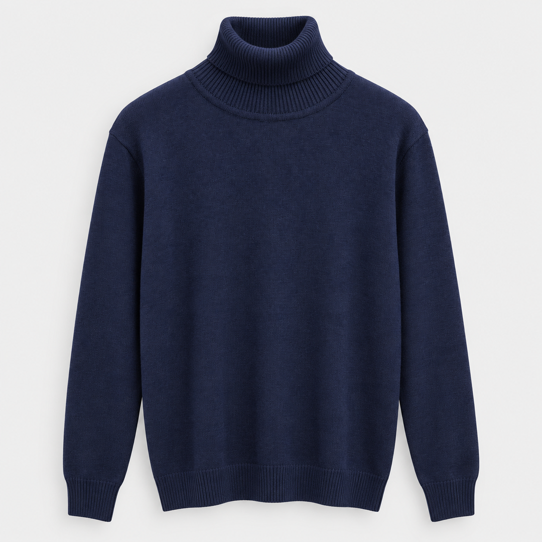 Men High Neck Knit Pullover in Dark Blue - flat product view