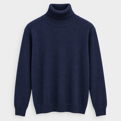 Men High Neck Knit Pullover in Dark Blue - flat product view