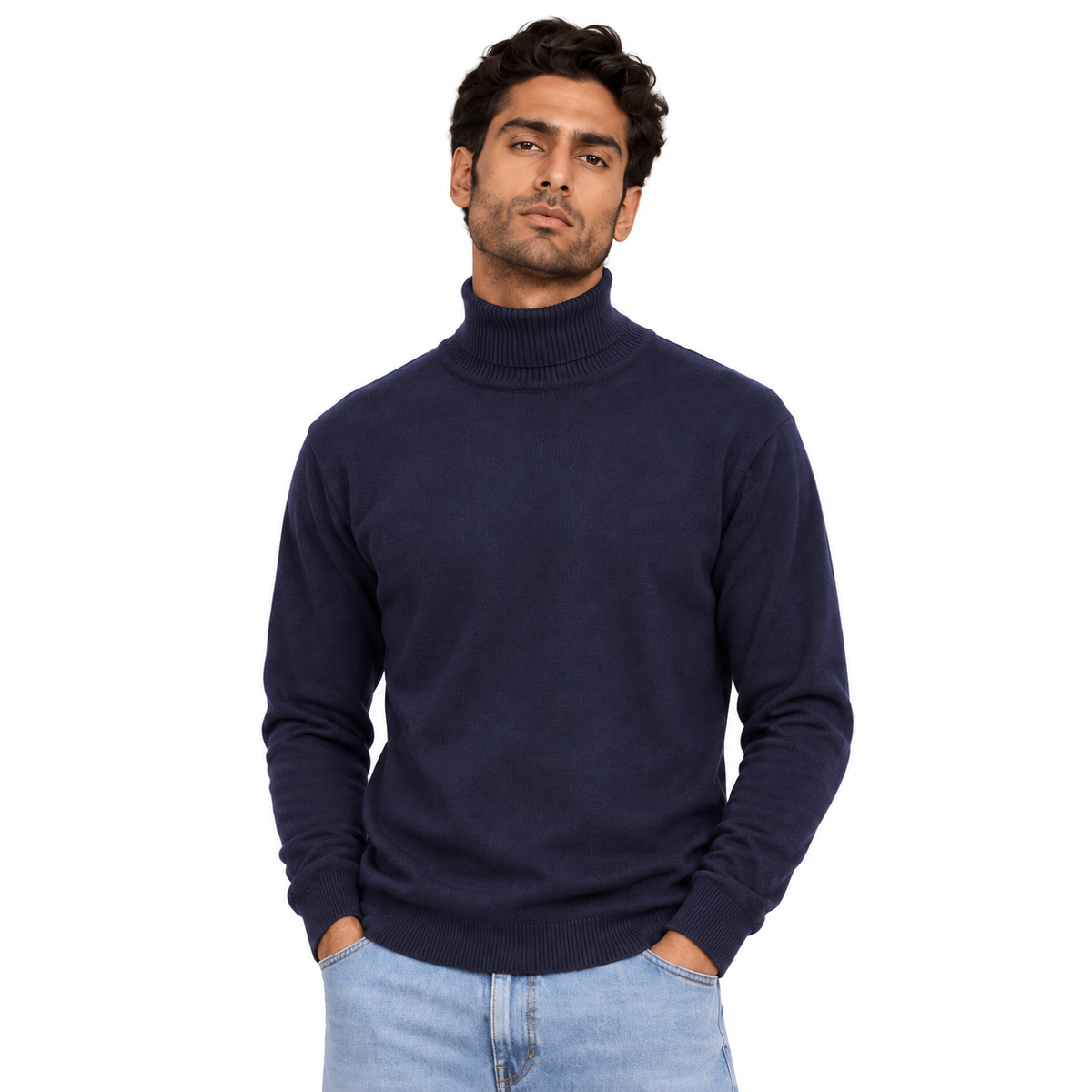 Man wearing High Neck Knit Pullover in Dark Blue - model photo