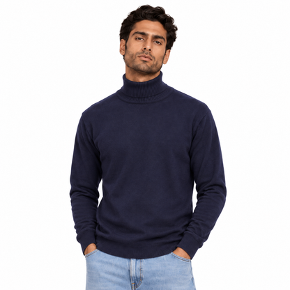 Man wearing High Neck Knit Pullover in Dark Blue - model photo