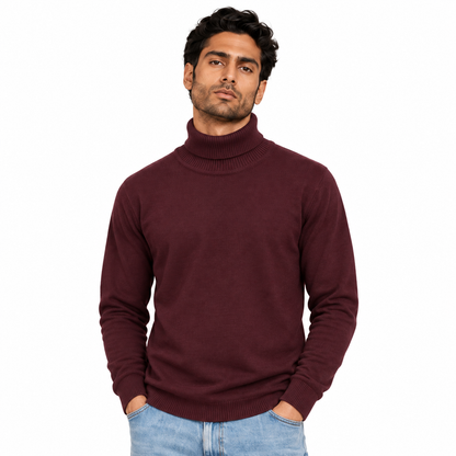 Man wearing High Neck Knit Pullover in Dark Red - model photo