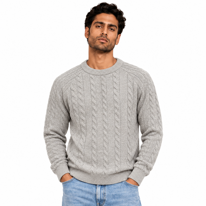 Man wearing Textured Crew Neck Knit Pullover in Beige - model photo