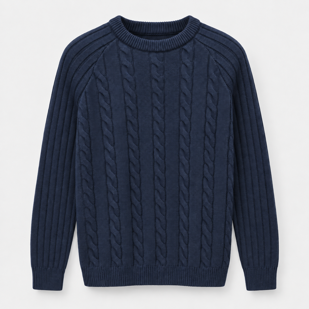 Men Textured Crew Neck Knit Pullover in Navy - flat product view