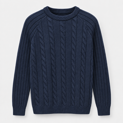 Men Textured Crew Neck Knit Pullover in Navy - flat product view