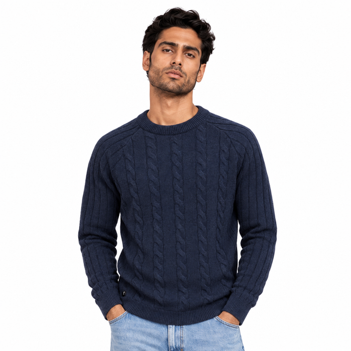 Man wearing Textured Crew Neck Knit Pullover in Navy - model photo