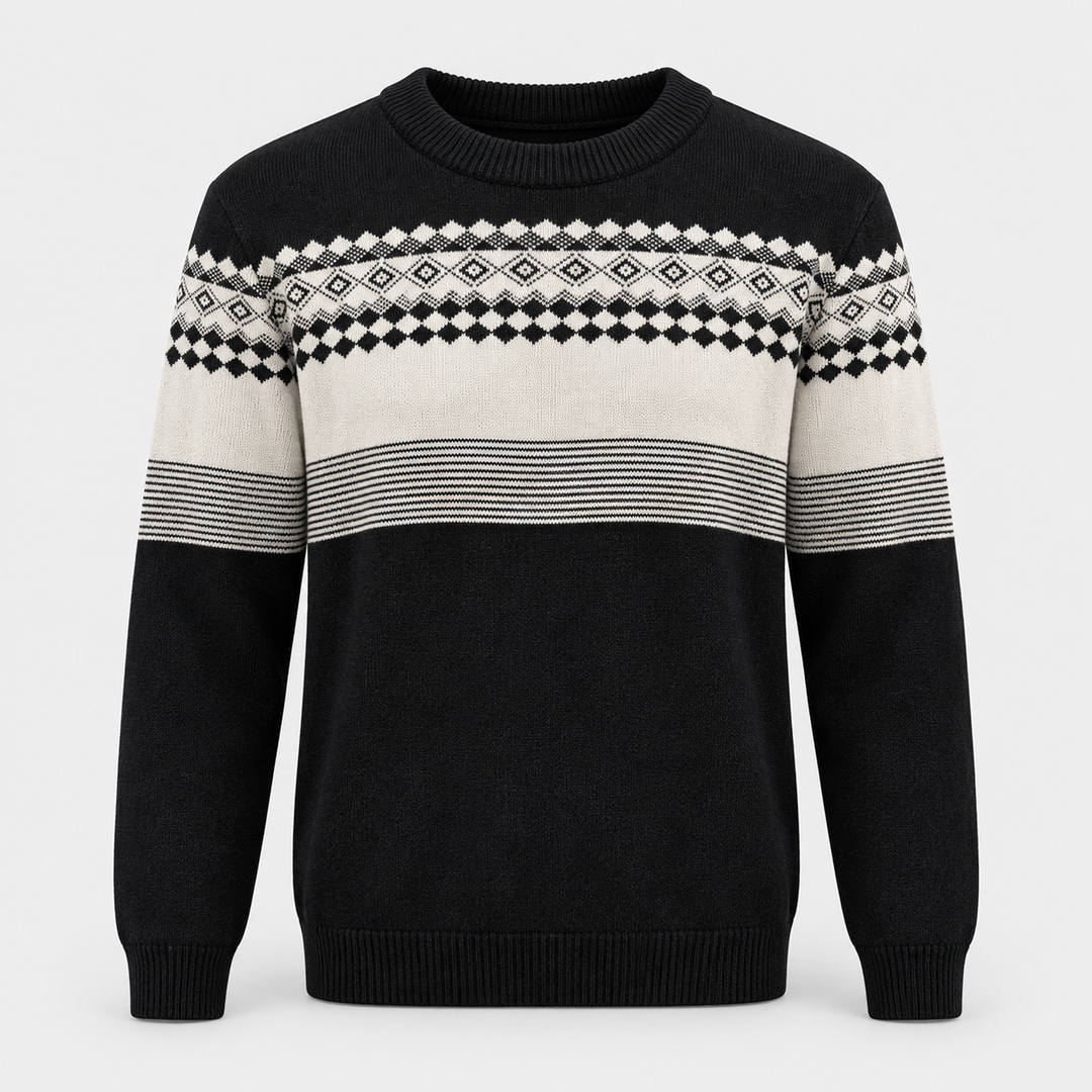Men Jacquard Crew Neck Knit Pullover in Black - flat product view