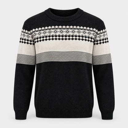 Men Jacquard Crew Neck Knit Pullover in Black - flat product view