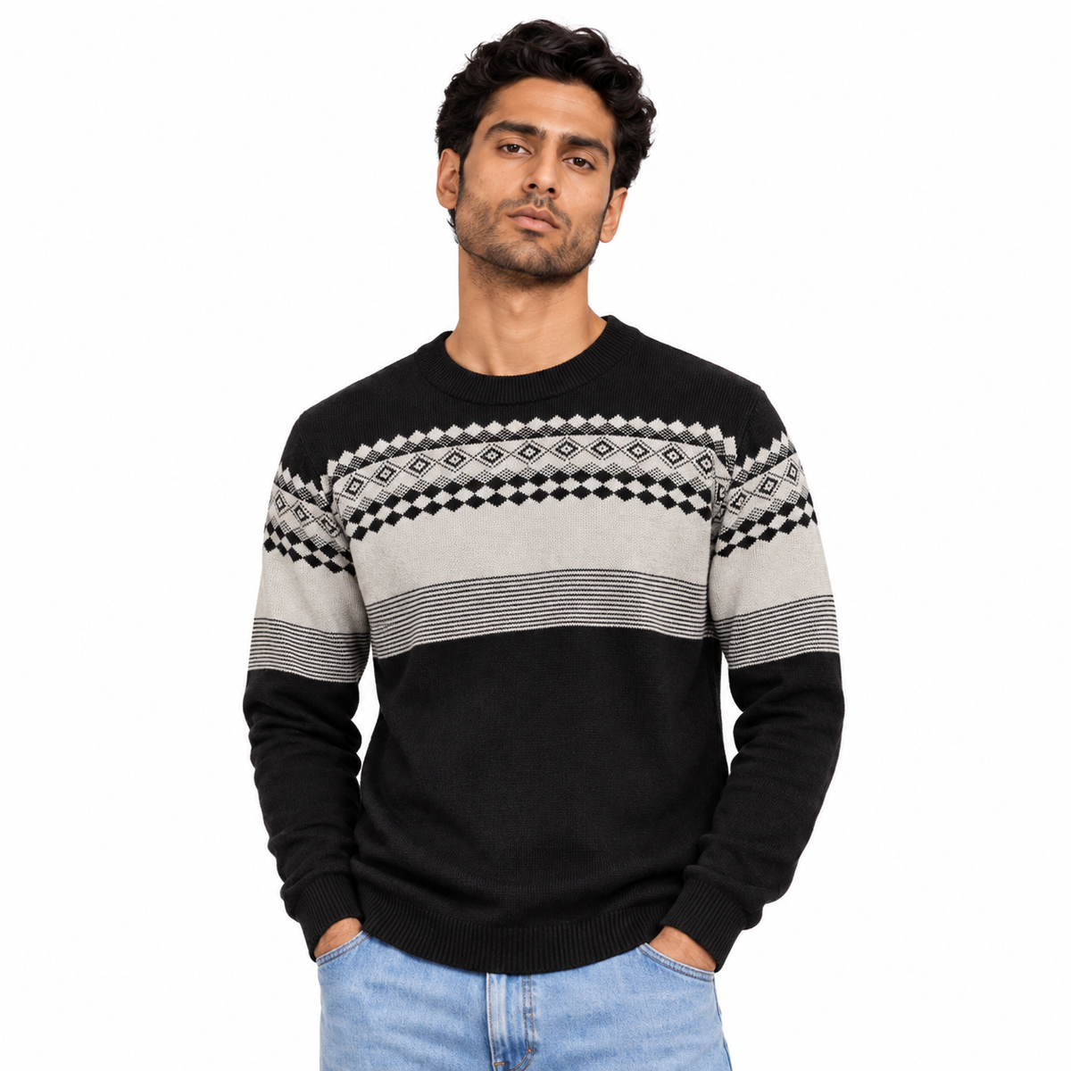 Man wearing Jacquard Crew Neck Knit Pullover in Black - model photo