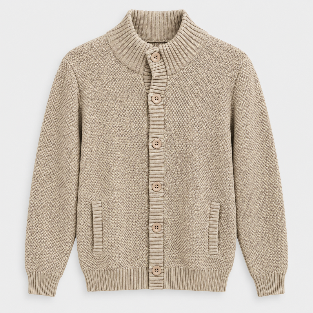 Men Button Front Knit Jacket in Beige - flat product view