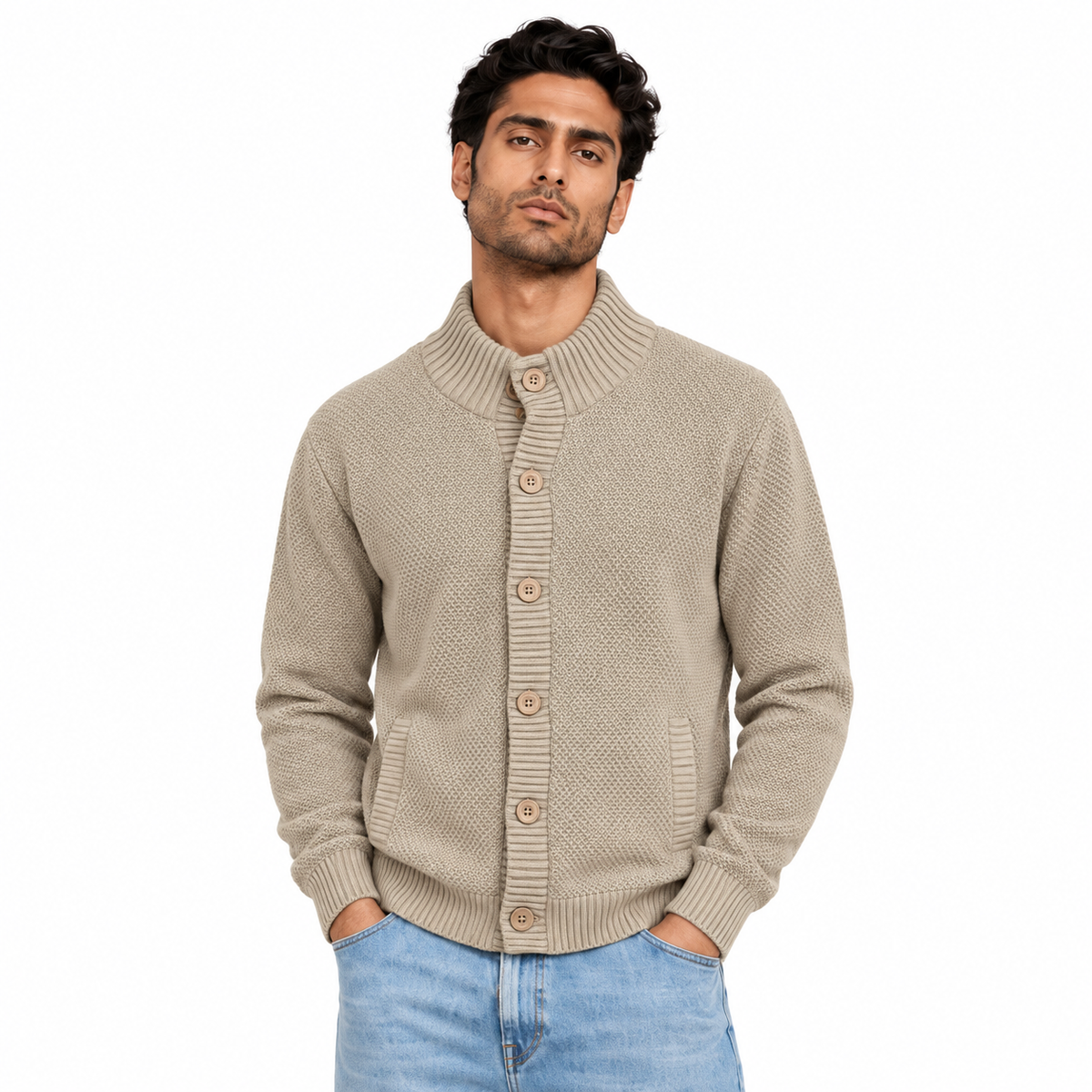 Man wearing Button Front Knit Jacket in Beige - model photo