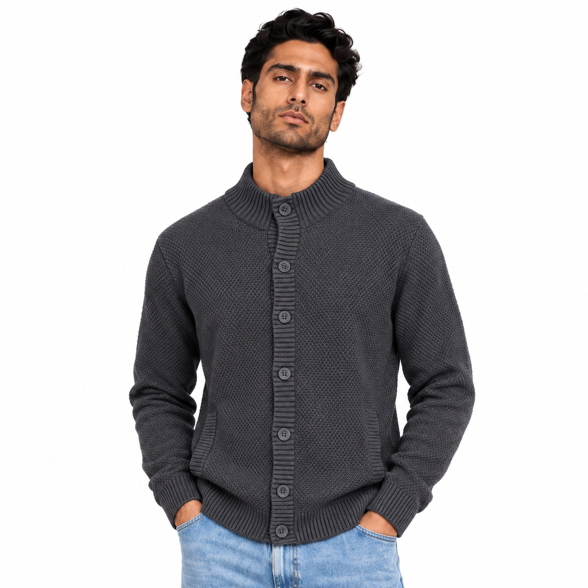 Man wearing Button Front Knit Jacket in Dark Gray - model photo