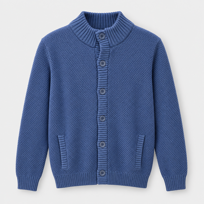 Men Button Front Knit Jacket in Denim Blue - flat product view