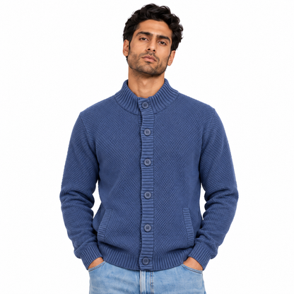Man wearing Button Front Knit Jacket in Denim Blue - model photo