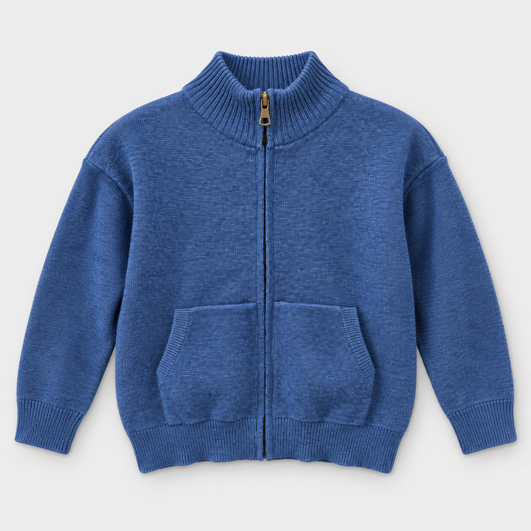 Boys Full Zip Knit Jacket in Denim Blue - flat product view