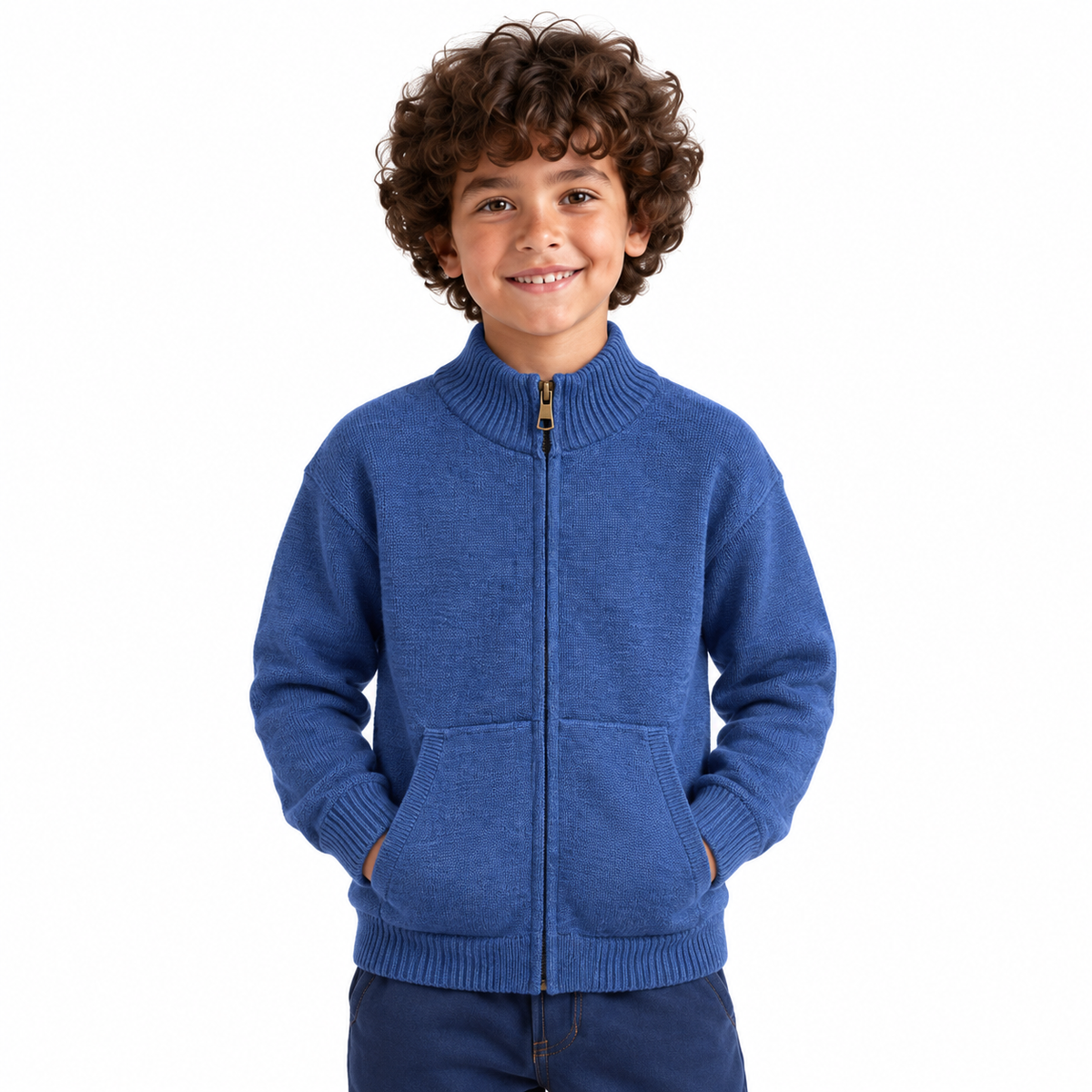 Boy wearing Full Zip Knit Jacket in Denim Blue - model photo