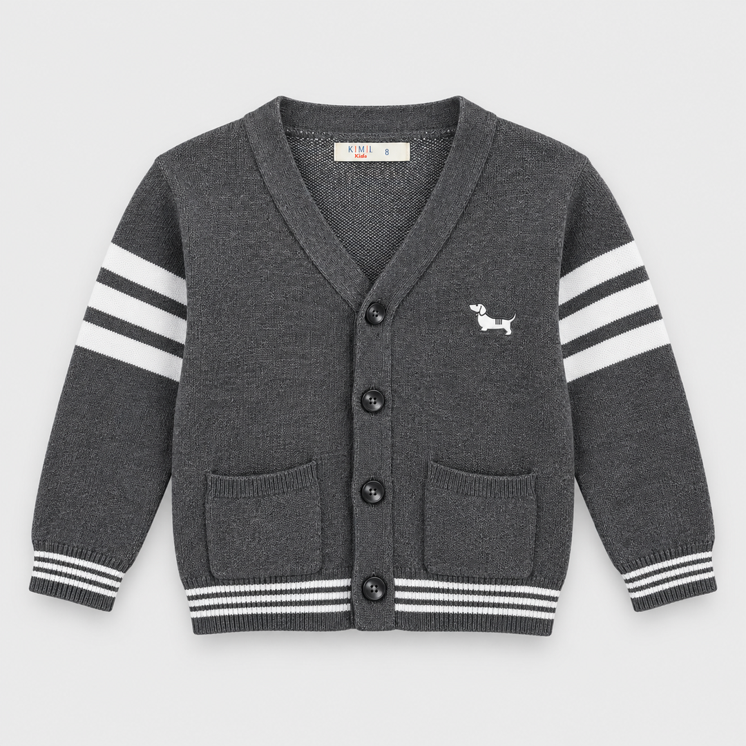 Boys Striped Button Front Knit Jacket in Gray Melange - flat product view