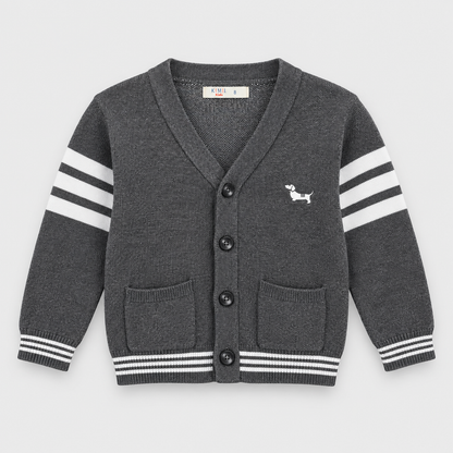 Boys Striped Button Front Knit Jacket in Gray Melange - flat product view
