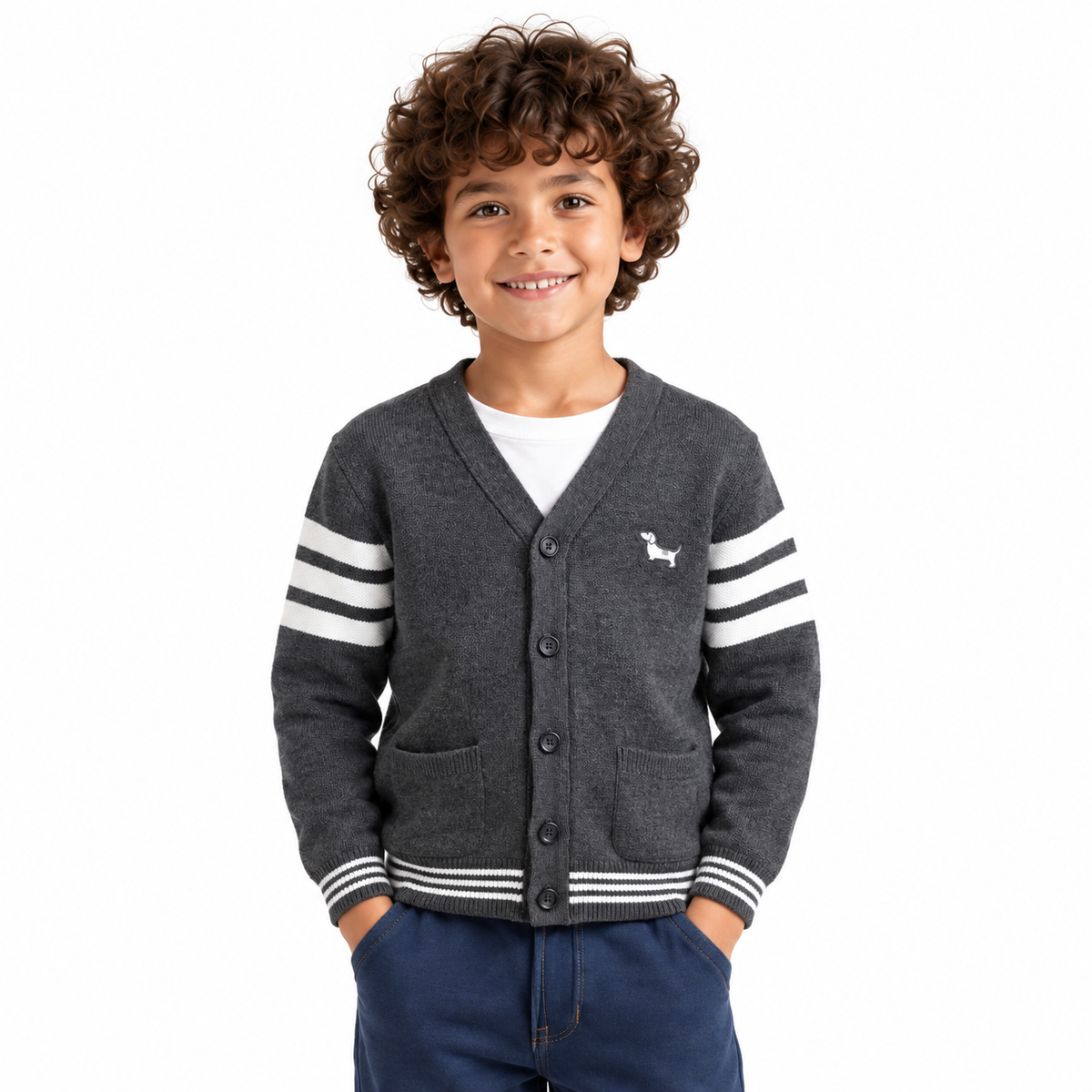 Boy wearing Striped Button Front Knit Jacket in Gray Melange - model photo