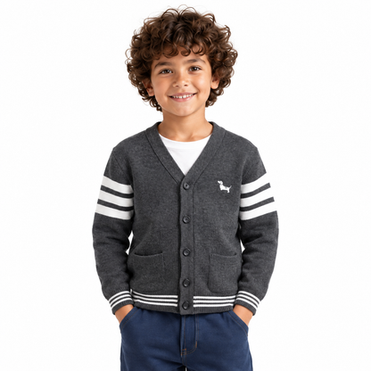 Boy wearing Striped Button Front Knit Jacket in Gray Melange - model photo