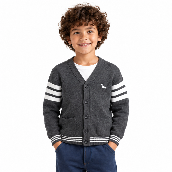 Boy wearing Striped Button Front Knit Jacket in Gray Melange - model photo