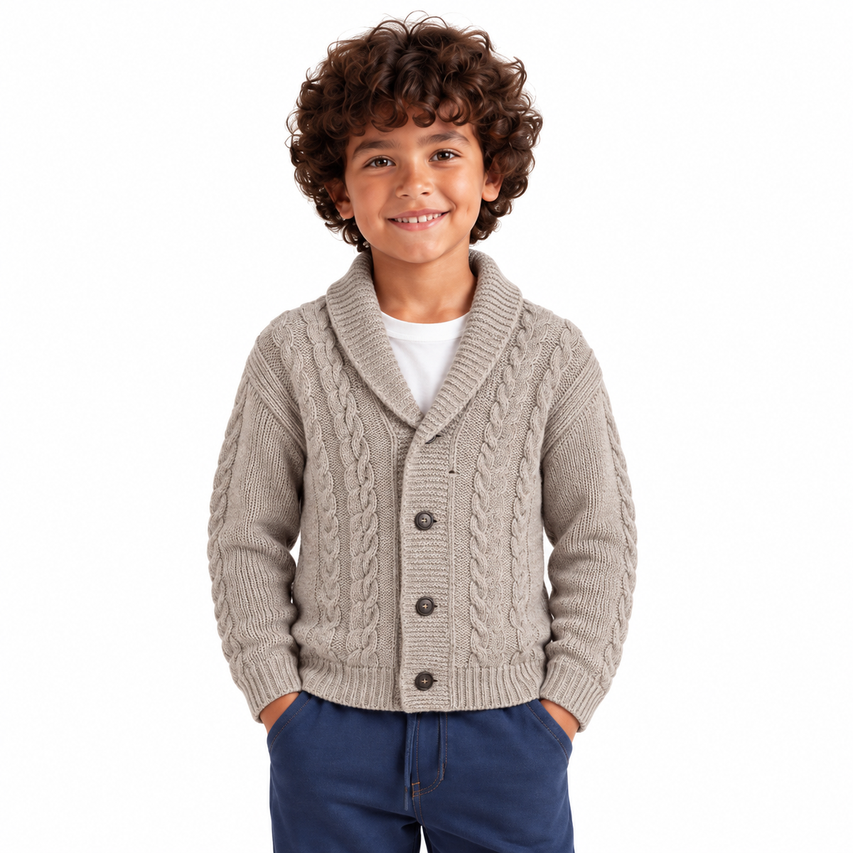 Boy wearing Textured Button Front Knit Jacket in Coffee - model photo