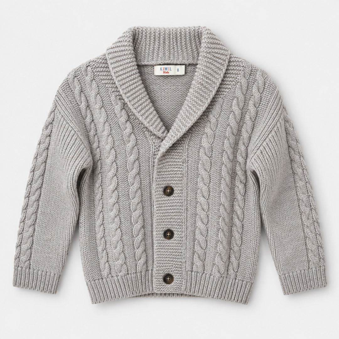 Boys Textured Button Front Knit Jacket in Light Gray - flat product view