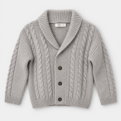 Boys Textured Button Front Knit Jacket in Light Gray - flat product view