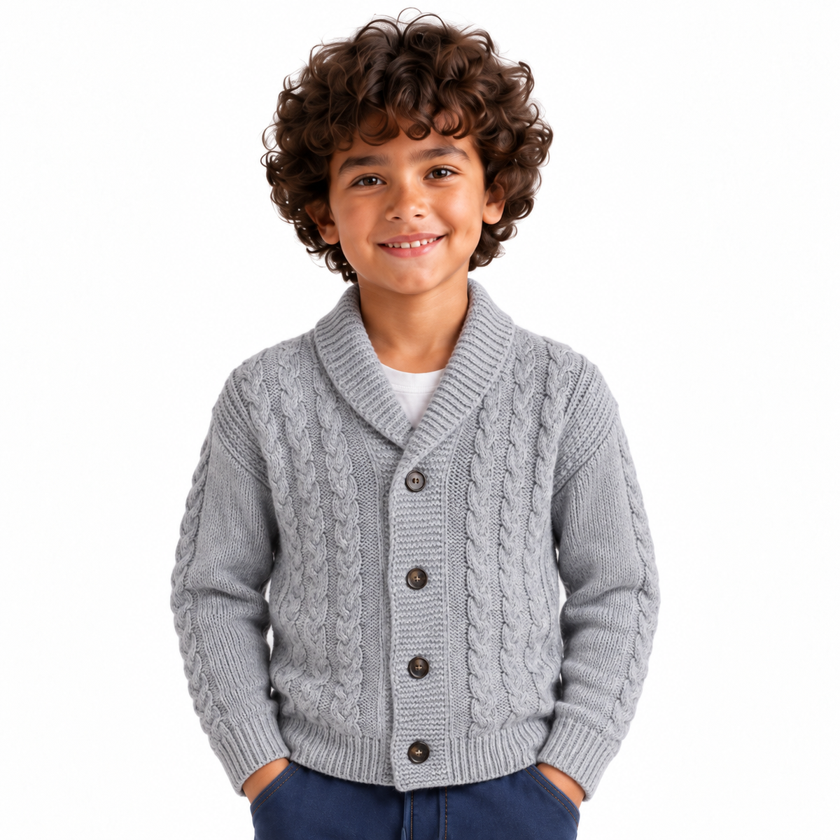 Boy wearing Textured Button Front Knit Jacket in Light Gray - model photo