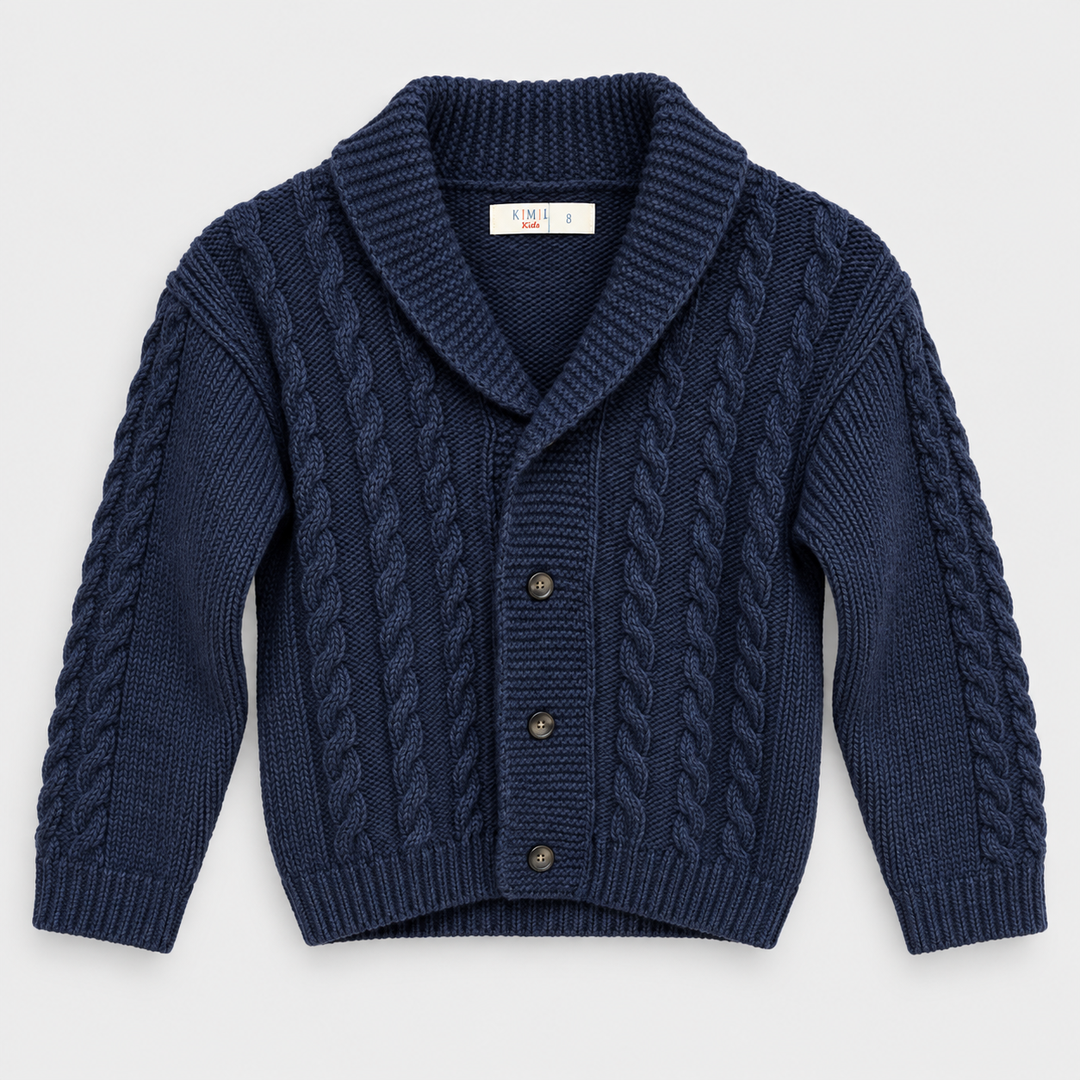 Boys Textured Button Front Knit Jacket in Navy - flat product view