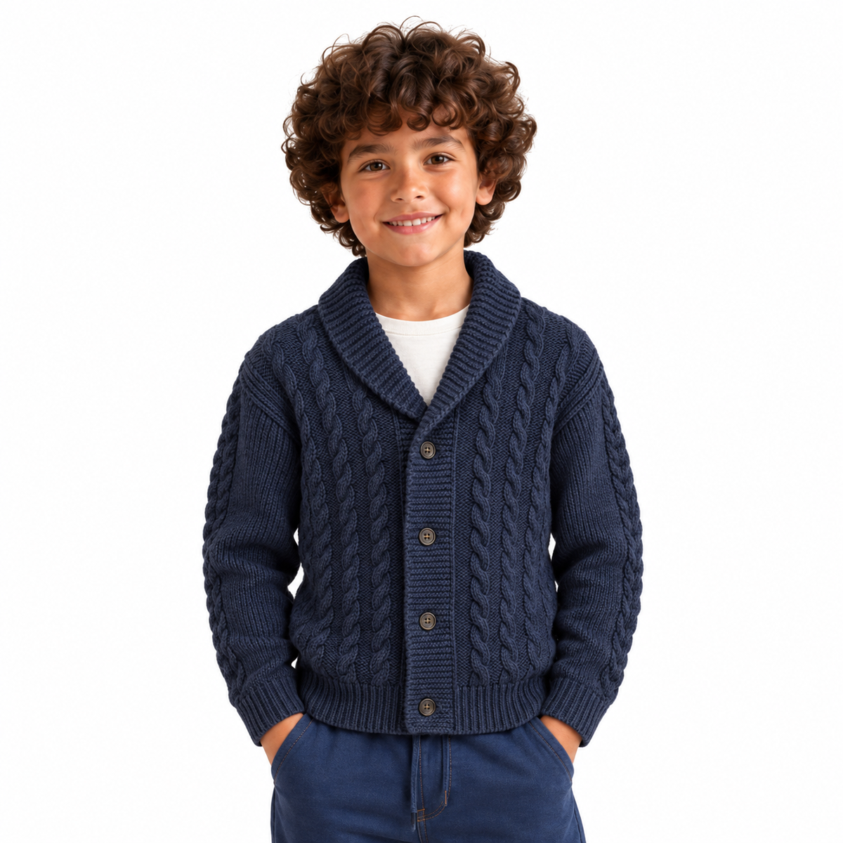 Boy wearing Textured Button Front Knit Jacket in Navy - model photo