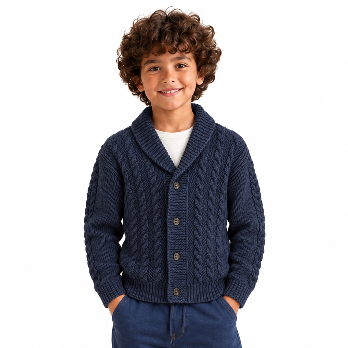 Boy wearing Textured Button Front Knit Jacket in Navy - model photo
