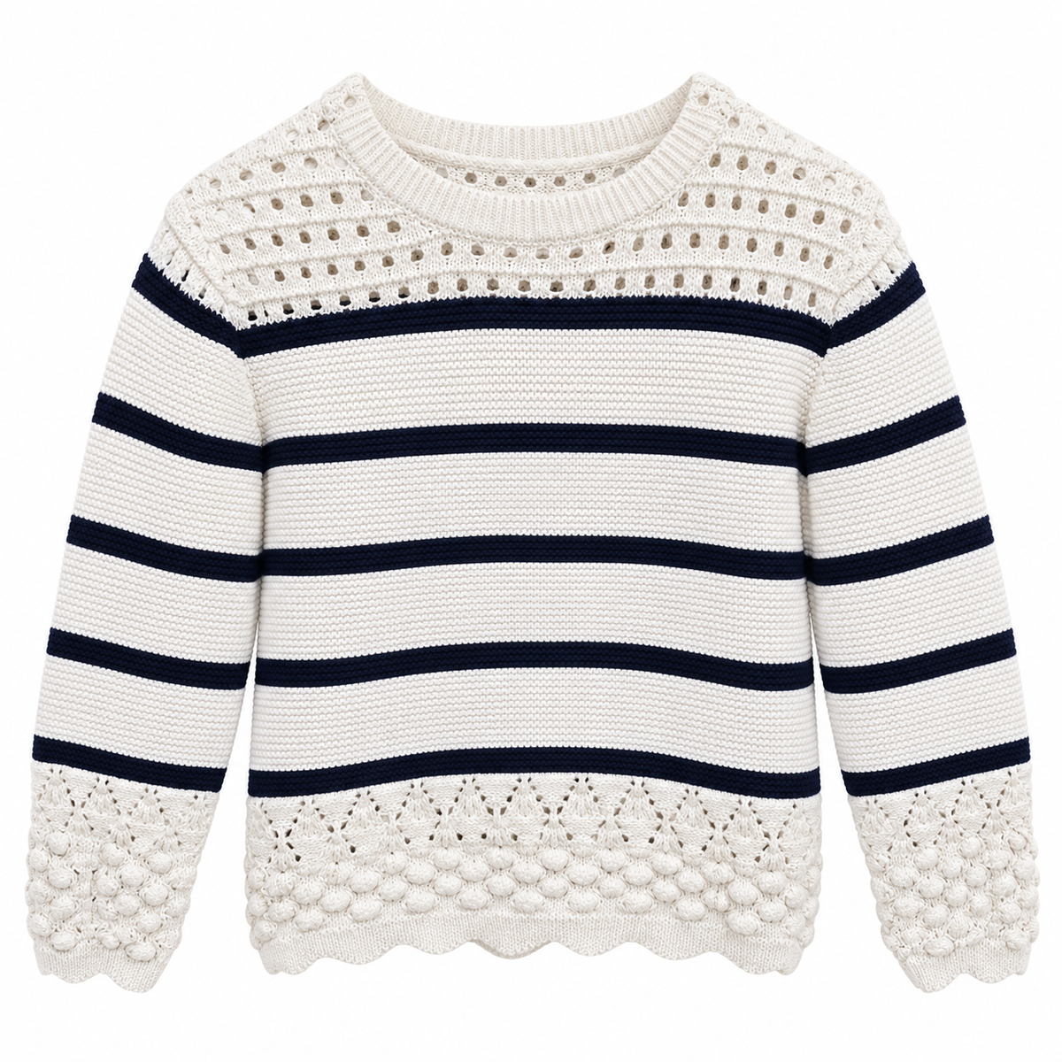 Girls cream striped pullover with navy bands and openwork knit details