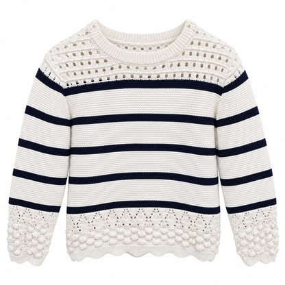 Girls cream striped pullover with navy bands and openwork knit details