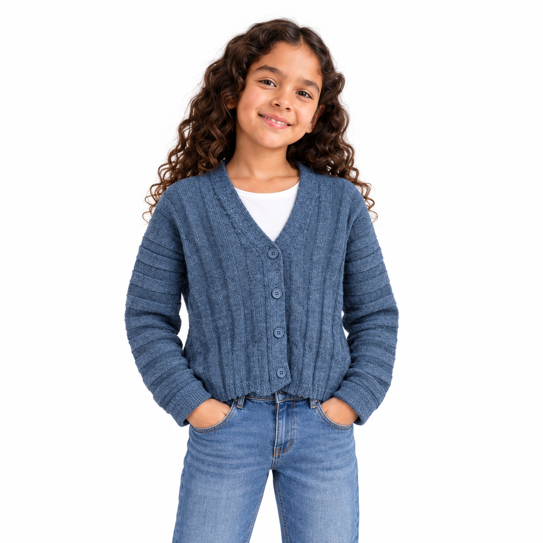 Girls' Cable Knit Button Cardigan in Petrol on a model