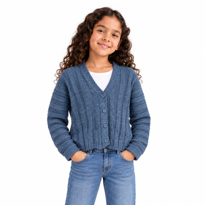 Girls' Cable Knit Button Cardigan in Petrol on a model