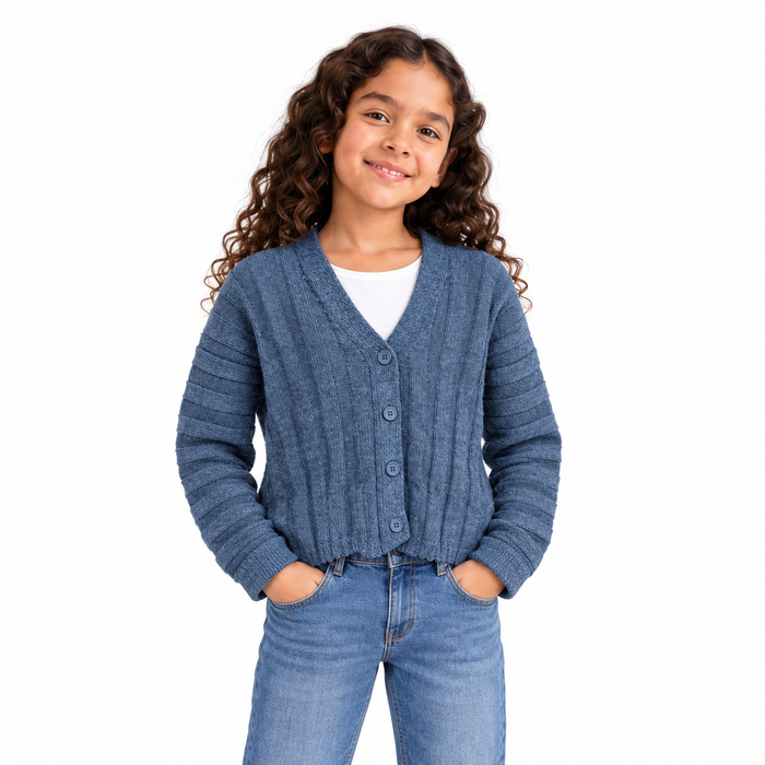 Girls' Cable Knit Button Cardigan in Petrol on a model
