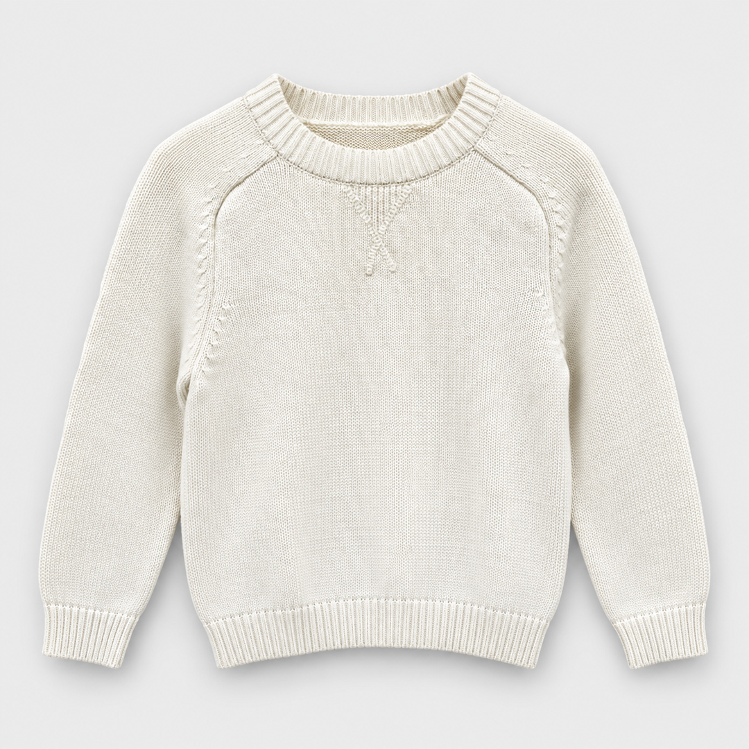 Boys Crew Neck Knit Pullover in Cream - flat product view